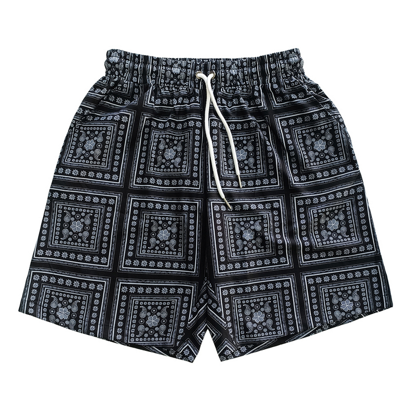 Summer Pattern Printed Hawaiian Mens Casual Polyester Black Shorts