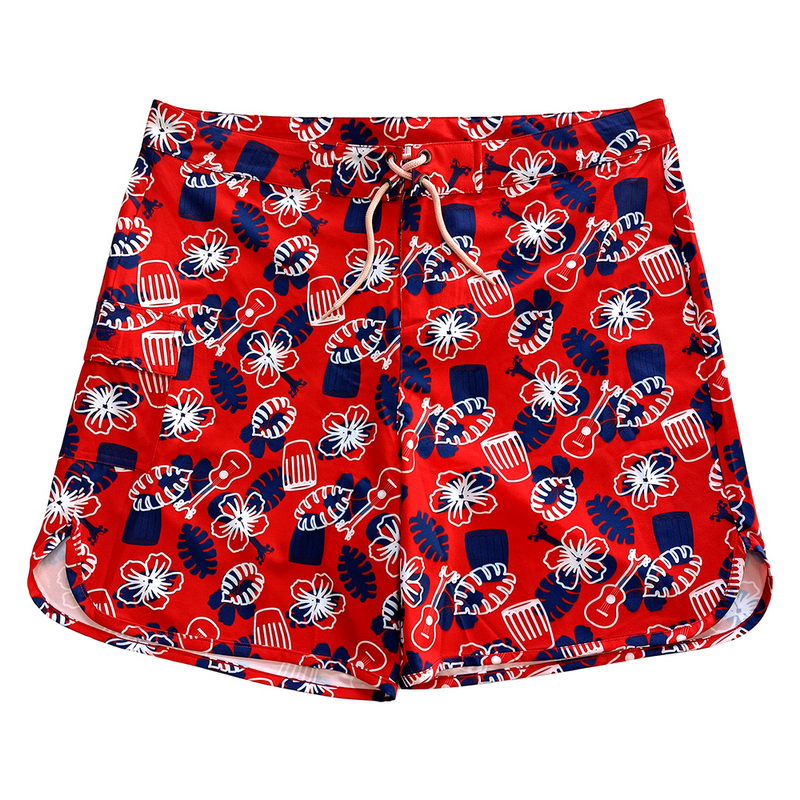 Summer Pattern Printed Hawaiian Mens Casual Polyester Red Shorts