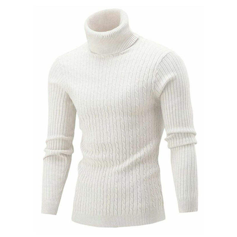 Jacquard Knitted Jumper Turtleneck Men Pullover White Sweater