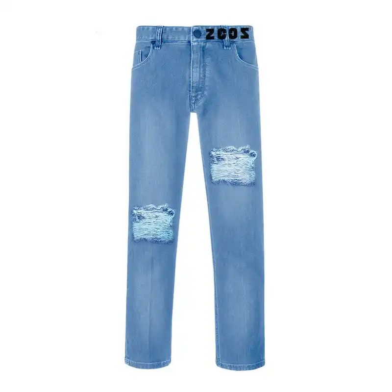 Denim Fabric Wholesale Cotton Polyester Spandex Tri-blended Distressed Light Blue Jeans