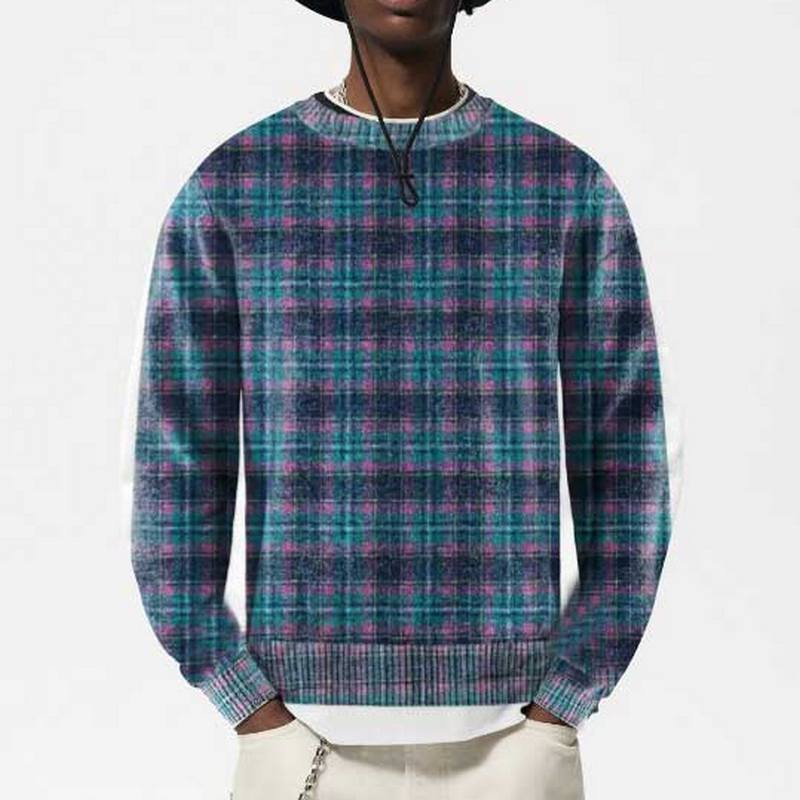 Plaid Plus Size Pullover Men's Crewneck Knitted Men Winter Blue Sweaters