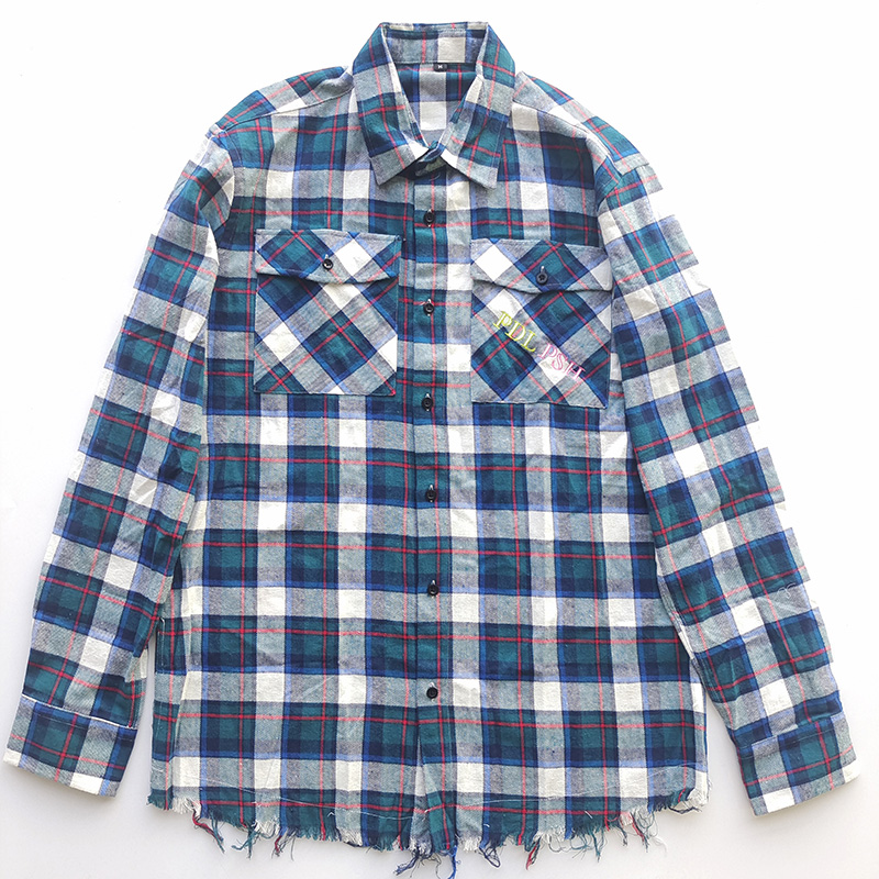 Custom Logo Embroidered Distressed Flannel Shirt For Men