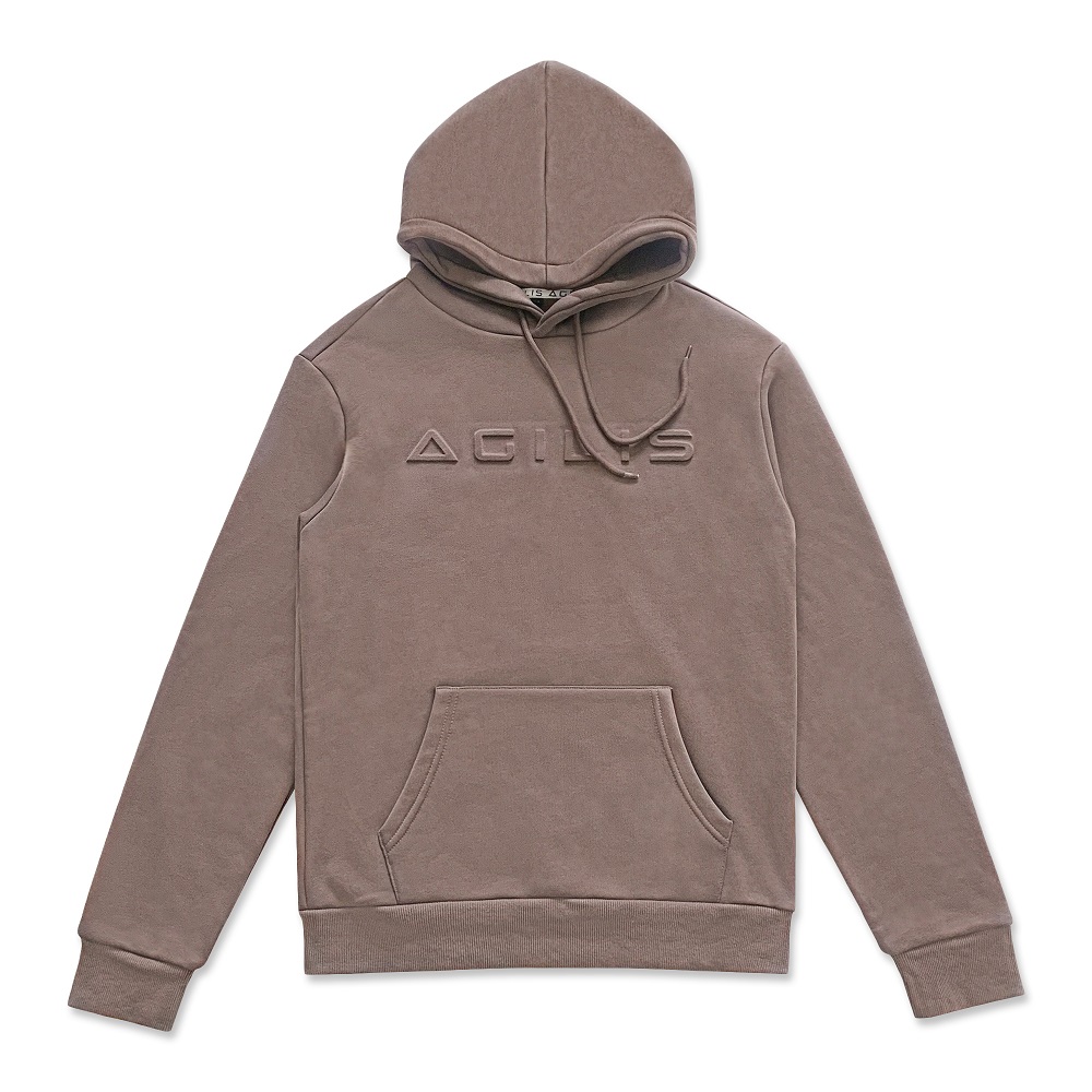 Pullover men 300 gsm heavyweight fleece warm custom logo embossed brown hoodie with kangaroo pocket